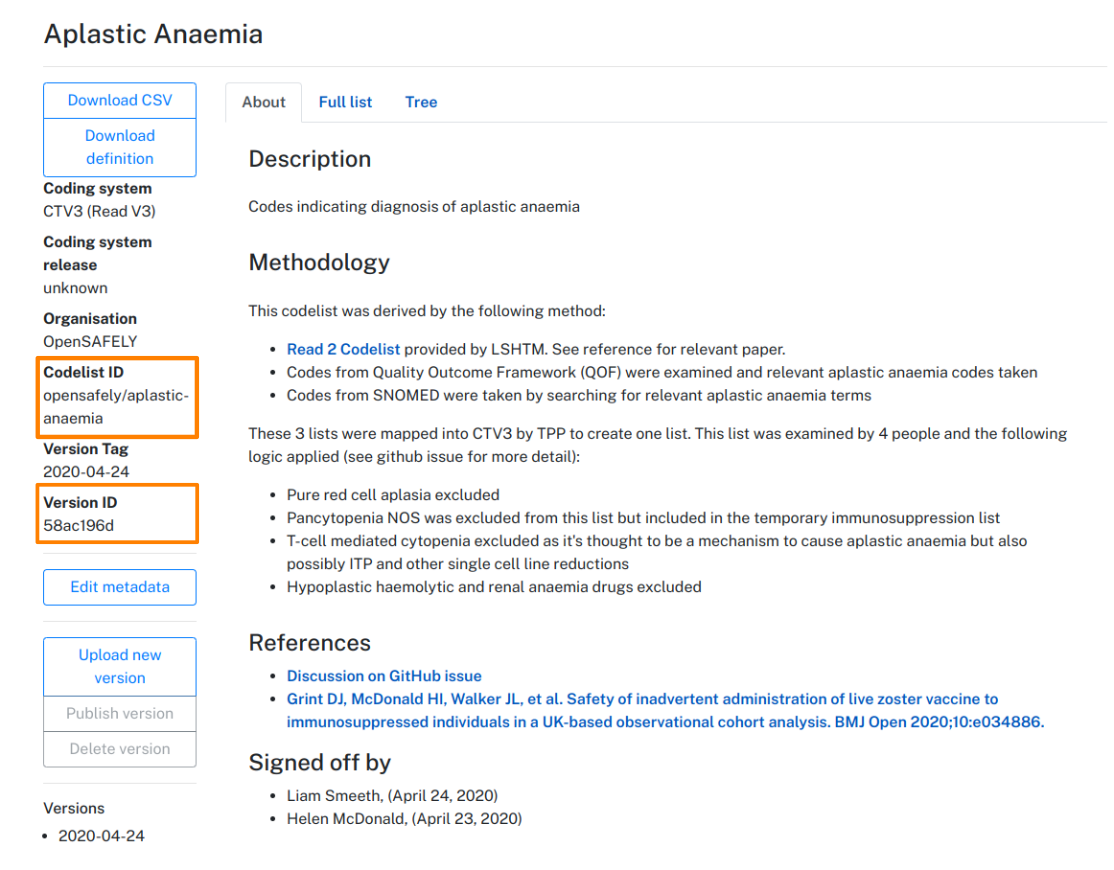 Finding the codelist ID and version ID on OpenCodelists.